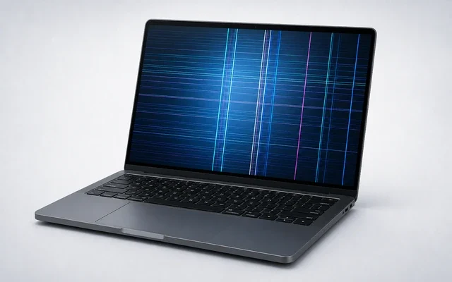 Ekranında yatay ve dikey çizgiler oluşan laptopun panel kontrolünü gösteren görsel