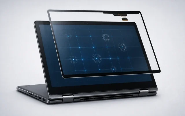 Dokunmatik laptop ekran paneli ve sensör katmanını gösteren teknik görsel