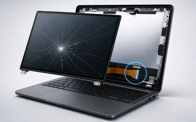 Laptop ekran flex kablosu ve bağlantı noktasının kontrol edildiğini gösteren teknik görsel