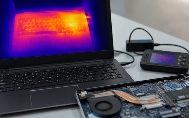 Laptop ısı testi ve soğutma performansı kontrolünü gösteren teknik servis görseli