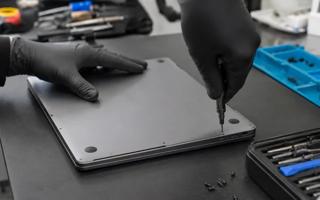 Laptop kasasında oluşan kırık ve çatlak bölgenin kontrol edildiğini gösteren teknik servis görseli