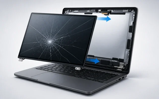 Kırık laptop ekran panelinin değişim sürecini gösteren teknik servis görseli