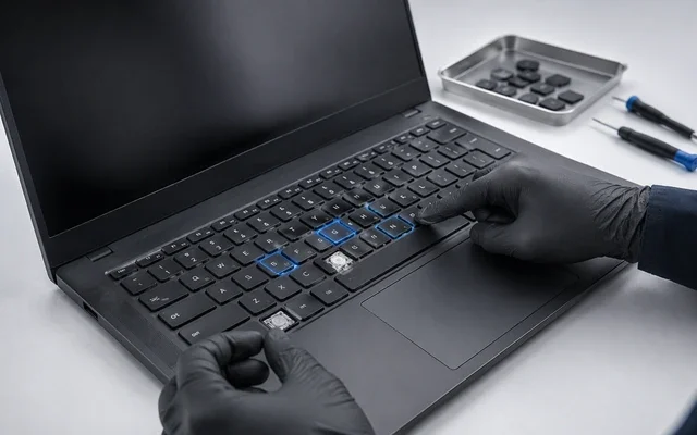 Laptop klavyesinde çalışmayan tuşların ve arızalı tuşların kontrol edildiği görsel
