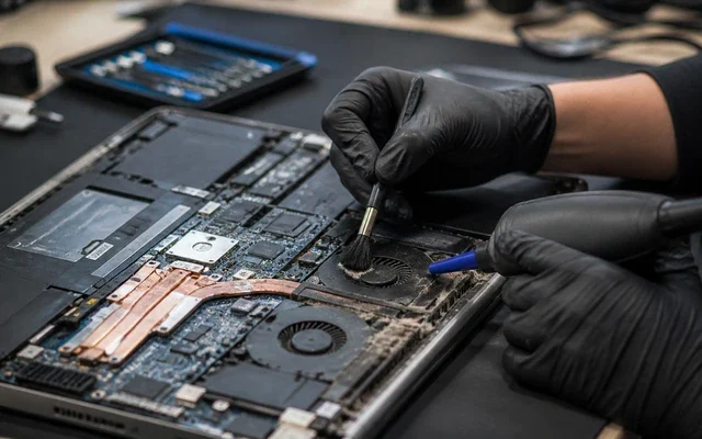 Laptop fan bakımı yapan teknisyenin açık laptop üzerinde fan temizliği işlemini gösteren görsel