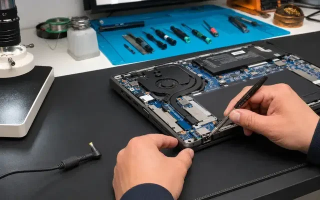 Laptop şarj soketi tamiri yapılan teknik servis ortamı