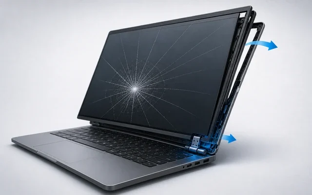 Laptop ekran menteşesi ve ekran paneli bağlantı sorununu gösteren görsel