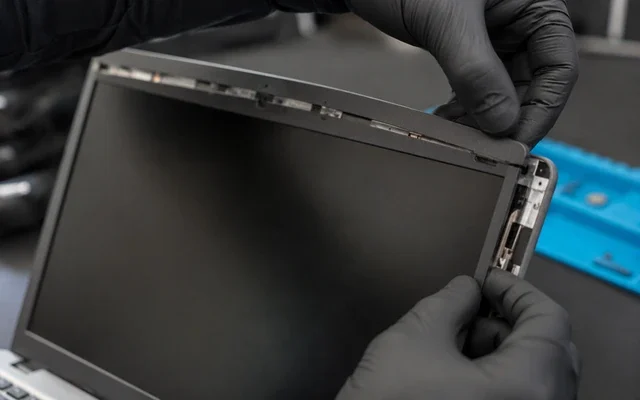 Laptop menteşe mekanizmasının teknisyen tarafından kontrol edildiğini gösteren yakın plan görsel