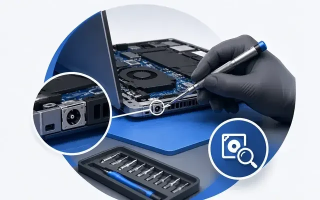 Laptop şarj soketi kontrolü ve giriş noktası incelemesi