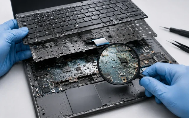 Laptop klavyesi altında sıvı teması ve oksitlenme kontrolü yapılan görsel