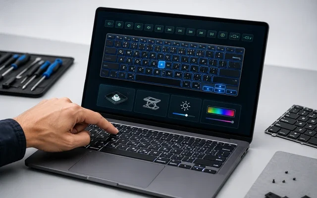 Laptop klavyesinde tuşlar ve fonksiyonların test edildiği görsel