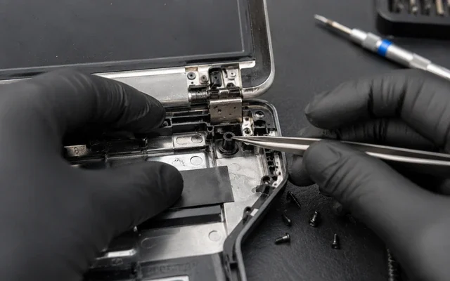 Laptop kasa içindeki kırık vida yuvası ve bağlantı noktasının onarımını gösteren teknik görsel