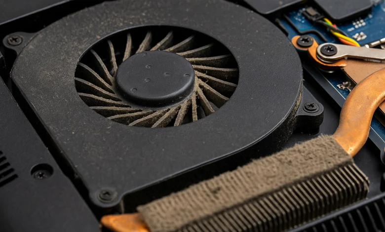 Tozla tıkanmış bir laptop fanı ve soğutucu