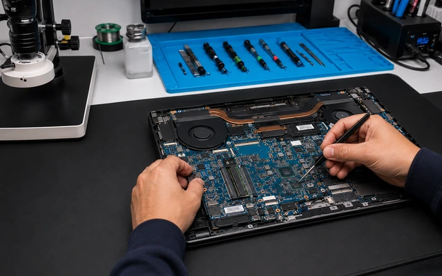Laptop anakart tamiri yapılan teknik servis ortamı