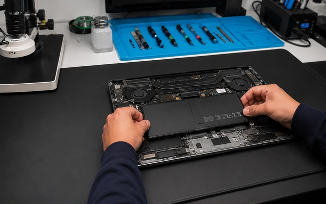 Laptop batarya değişimi yapılan teknik servis ortamı