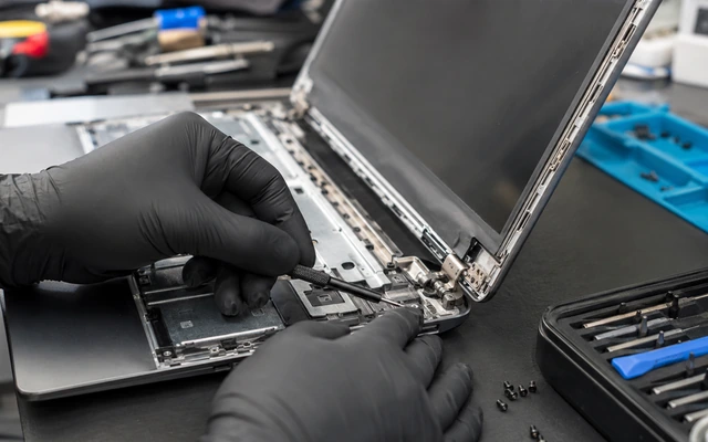 Laptop kasa ve menteşe tamiri yapan teknisyenin açık laptop üzerinde çalıştığını gösteren görsel