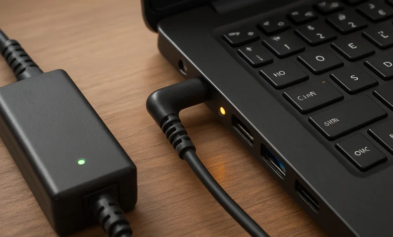 Laptop şarj adaptörü, kablosu ve cihaz bağlantı noktası detaylı şekilde gösterilen teknik bir görsel
